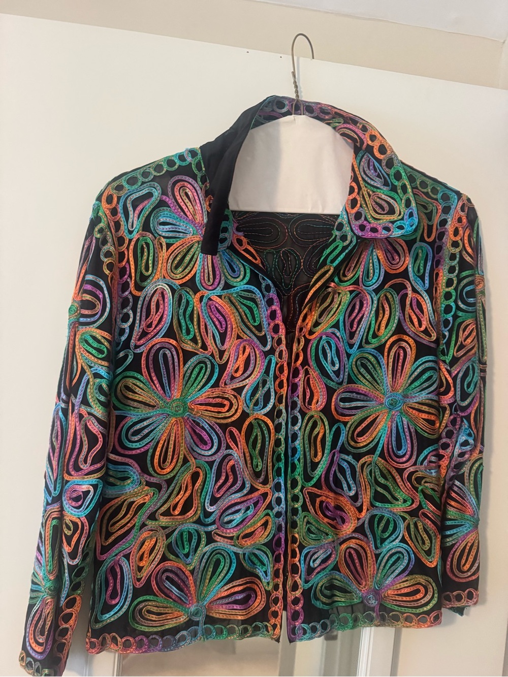 Womens Black Multicolor Embroidered Floral Jacket Blouse